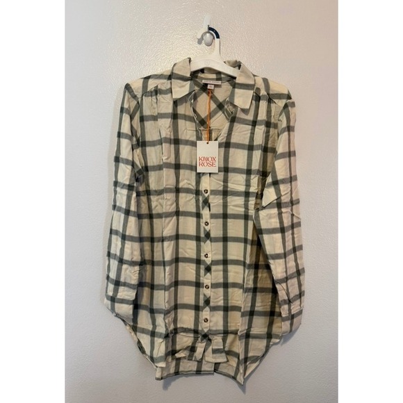Knox Rose Tops - Knox Rose Womens Boho XL Plaid Button Down Shirt White Sand Long Sleeve NWT